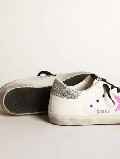 Super-star Sneakers In White Leather And Canvas With Shocking-pink Leather Star And Silver Glitter