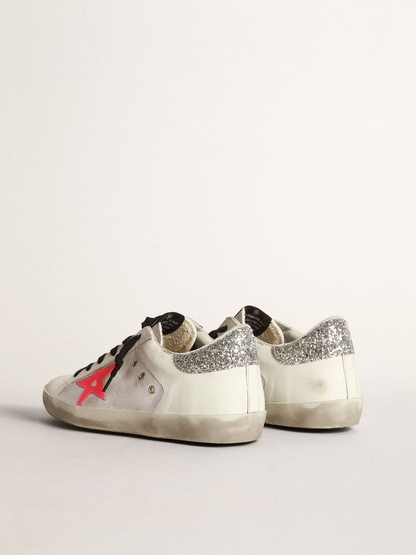Super-star Sneakers In White Leather And Canvas With Shocking-pink Leather Star And Silver Glitter