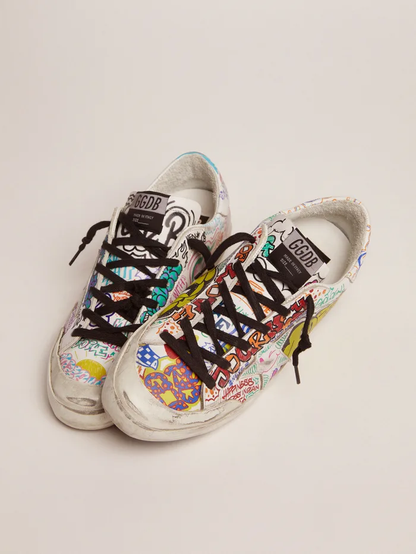 Super-star Sneakers In White Leather With Multicolored Graffiti Print