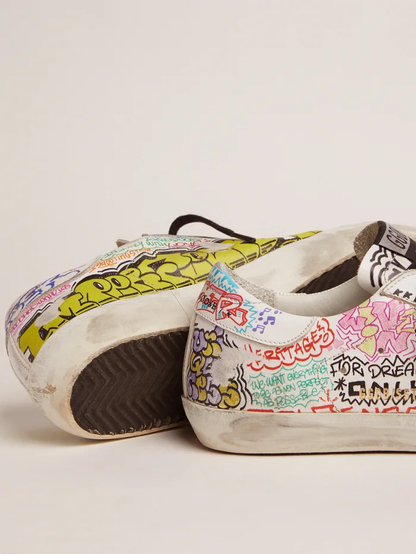 Super-star Sneakers In White Leather With Multicolored Graffiti Print