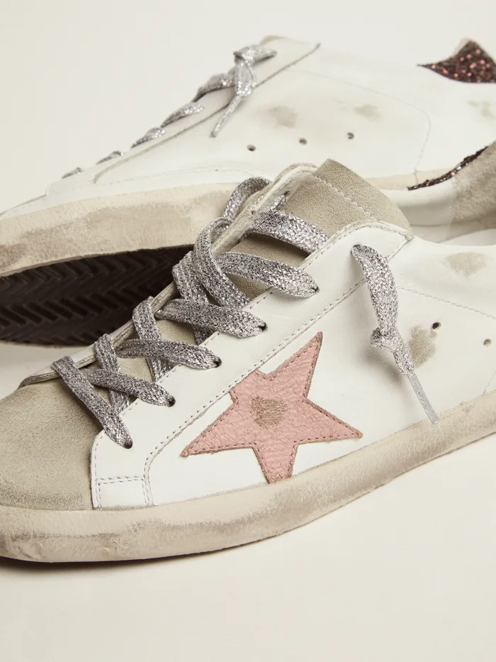 Super-star Sneakers With Brown Glitter Heel Tab And Pink Crackled Leather Star