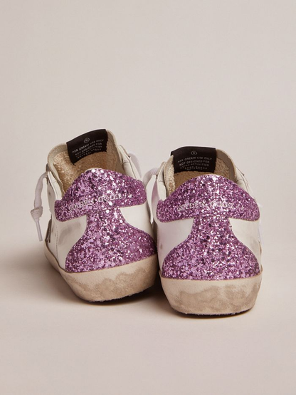Super-star Sneakers With Lavender Glitter Heel Tab And Light-blue Metallic Leather Star