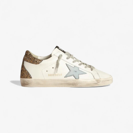 Super-star Sneakers With Light Blue Leather Star And Gold Glitter Crocodile-print Heel Tab