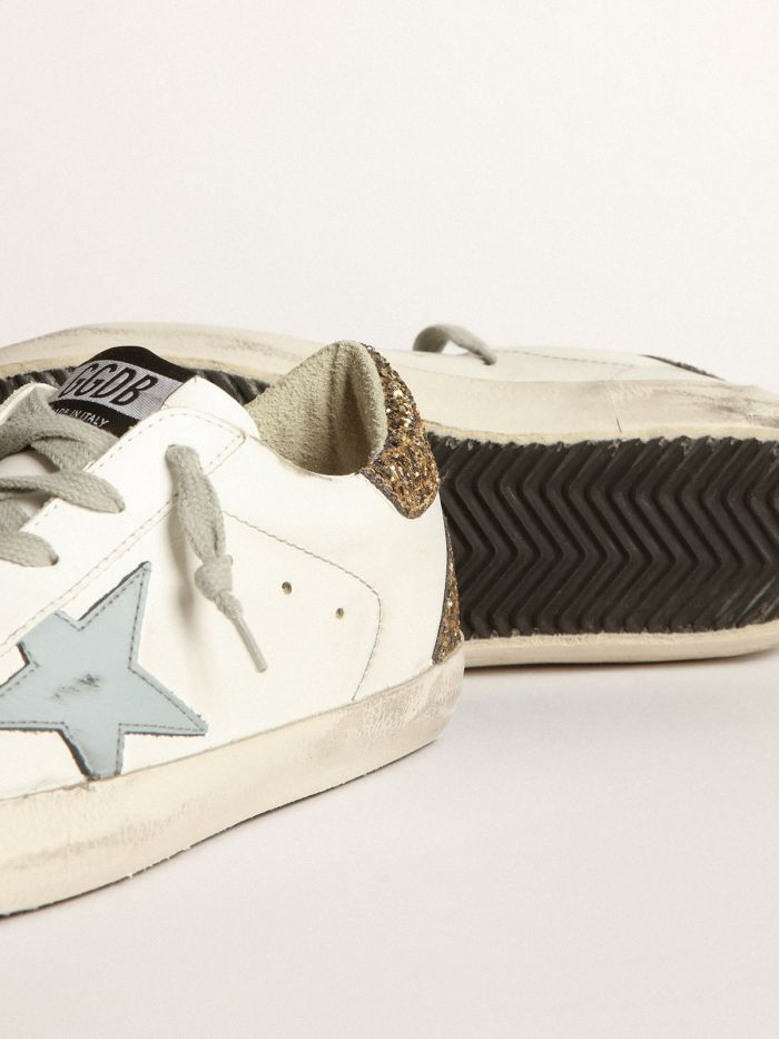 Super-star Sneakers With Light Blue Leather Star And Gold Glitter Crocodile-print Heel Tab