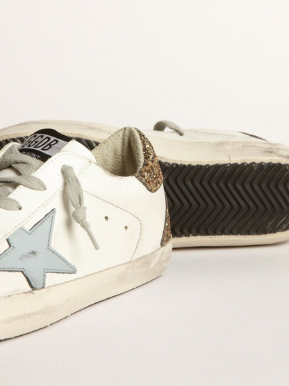 Super-star Sneakers With Light Blue Leather Star And Gold Glitter Crocodile-print Heel Tab