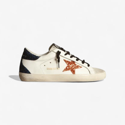 Super-star Sneakers With Peach-pink Glitter Star And Blue Glitter Heel Tab