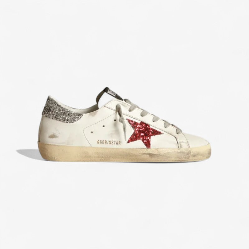 White Super-star Sneakers In Leather With Glittery Red Star