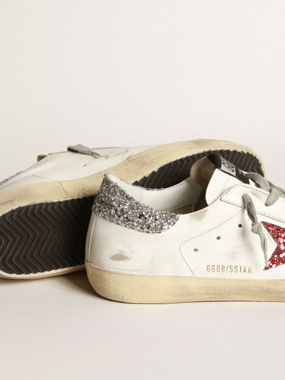 White Super-star Sneakers In Leather With Glittery Red Star