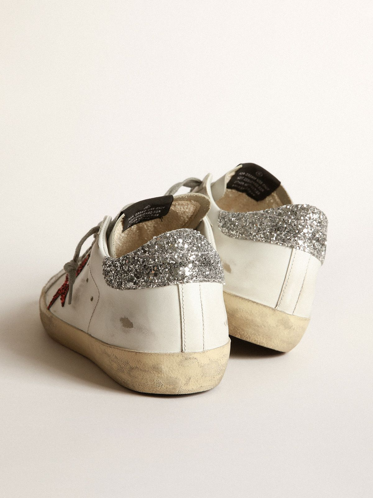 White Super-star Sneakers In Leather With Glittery Red Star