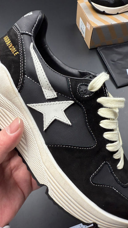 Women’s Running Sole Sneakers in Black Nappa Leather and Suede With White Leather Star