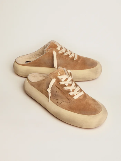 Women's Space-star Sabot Shoes In Tobacco-colored Suede With Shearling Lining