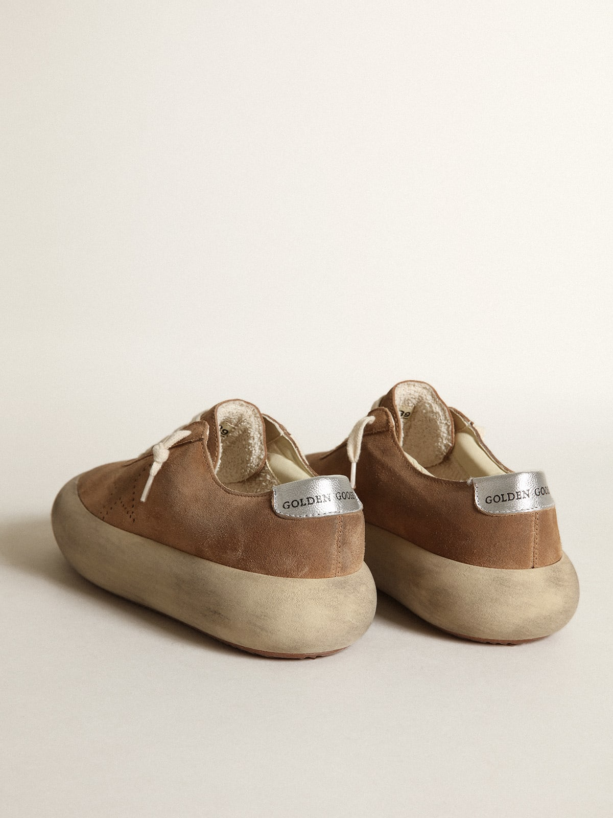 Women's Space-star Shoes In Tobacco-colored Suede With Perforated Star And Silver Metallic Leather