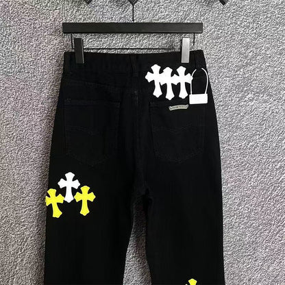 CHROME HEARTS WHITE YELLOW CROSS PATCH JEANS BLACK