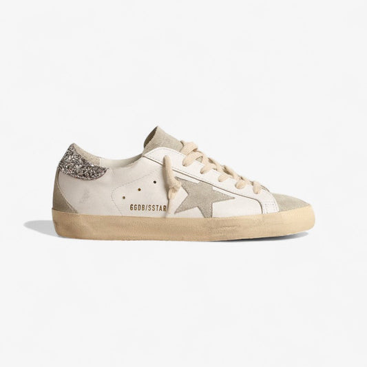 Golden Goose Superstar – Cuir blanc avec talon à paillettes argentées