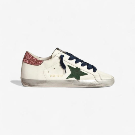 Baskets Superstar avec étoile en daim vert et languette arrière à paillettes roses