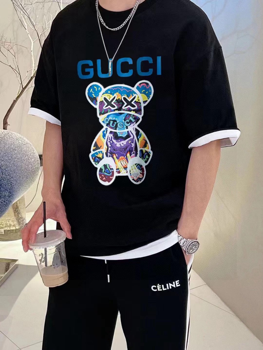 T-shirt noir Gucci à motif ours