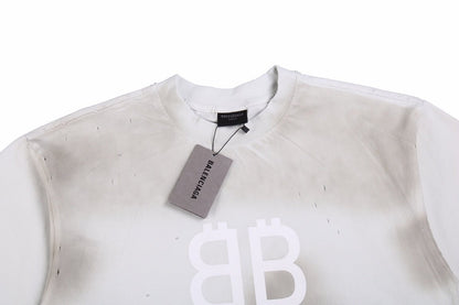 T-SHIRT BALENCIAGA À LOGO VIEILLI BLANC GRIS