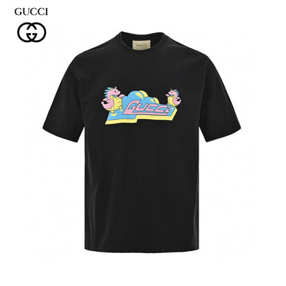 T-shirt noir Gucci à motif dinosaure rose