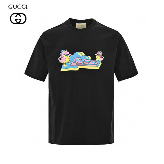 T-shirt noir Gucci à motif dinosaure rose