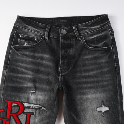 Amr Staggered Red Logo Jeans